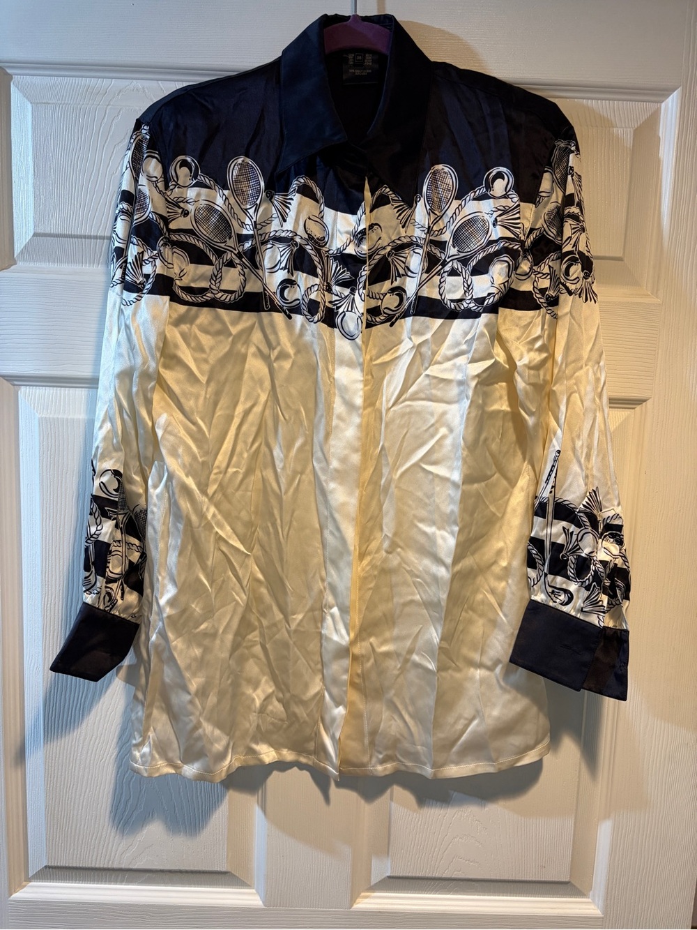 Escada Black and Cream Graphic-Trim Button Front Blouse